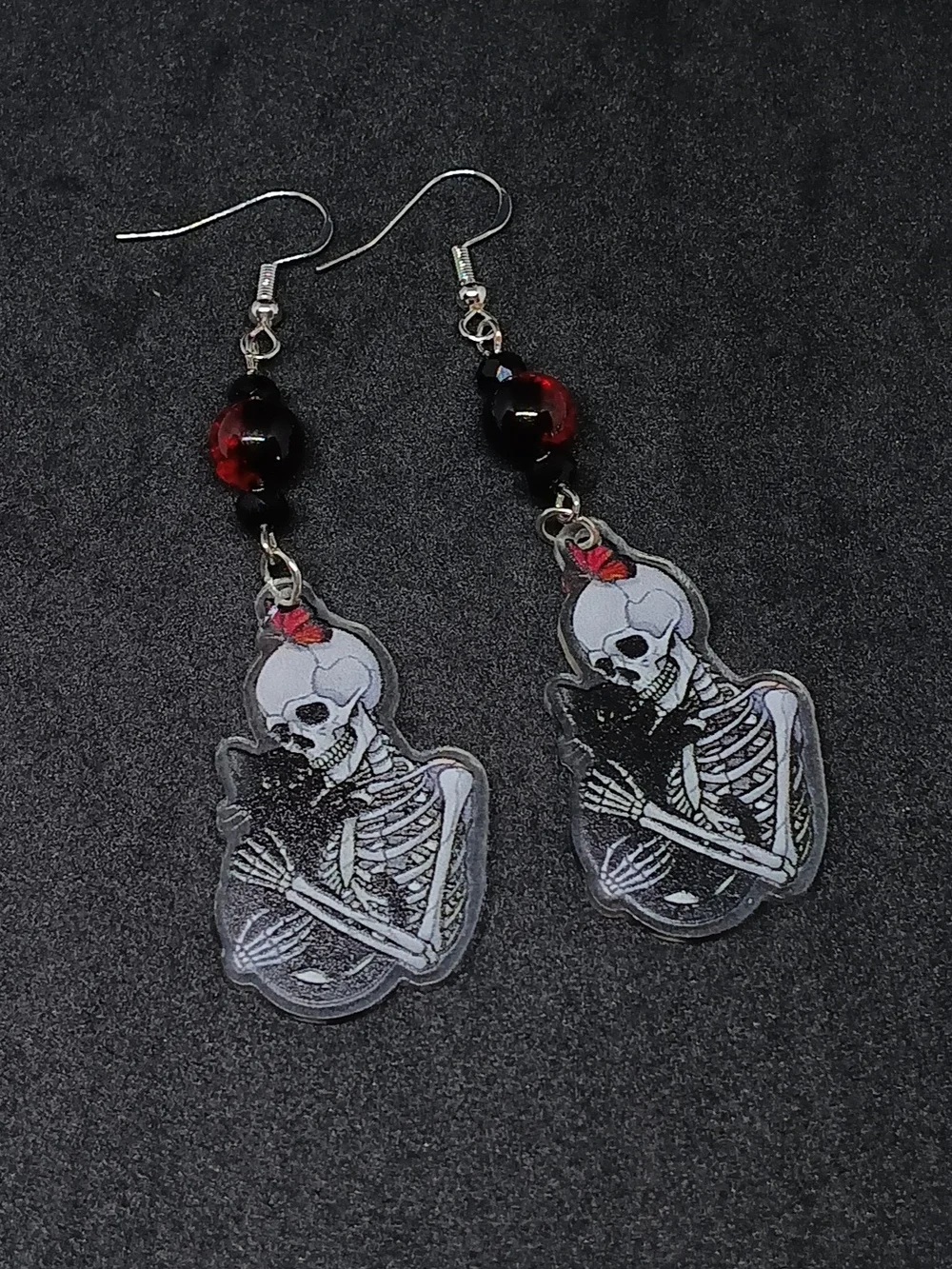 Skeleton & Cat Dangle Earrings - Red and Black